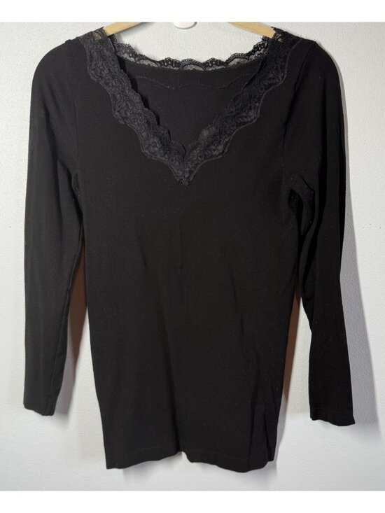 Elietain Tops - Elietain Womens One Size Fits Most Black Lace Trim Long Sleeve Baselayer Stretch